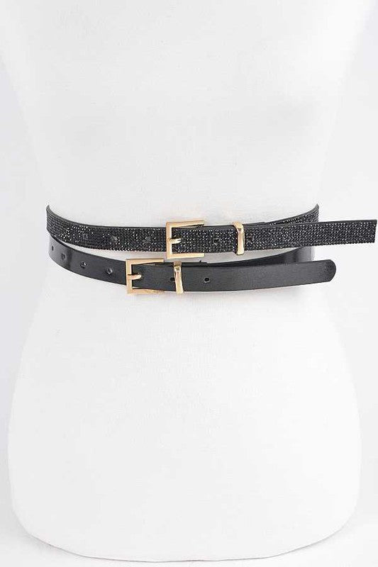 Rhinestone Metallic 2 In 1 Skinny Belt Set