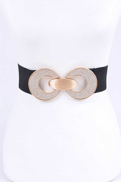 Rhinestone Double Buckle Metallic Elastic Belt