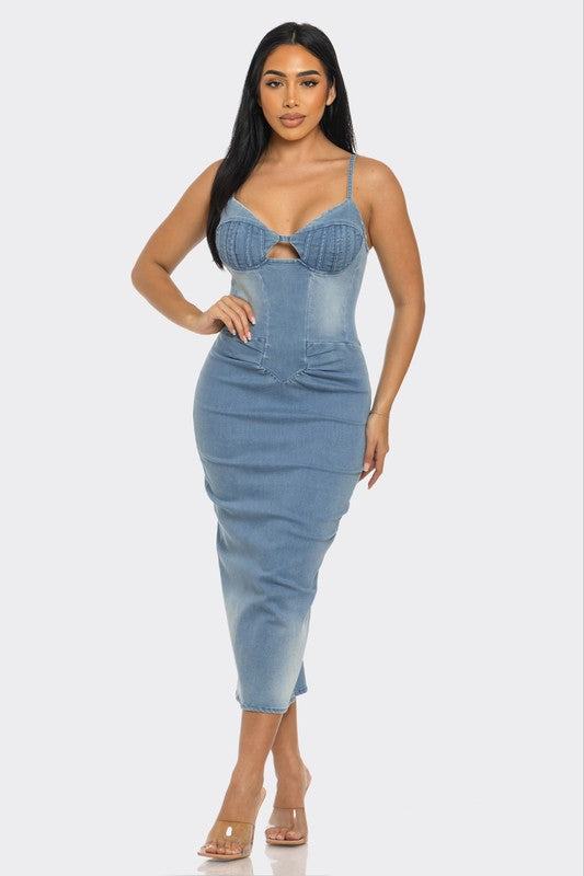 Blue Casual Light Washed Denim Midi Dress