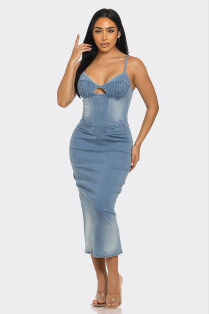 Blue Casual Light Washed Denim Midi Dress