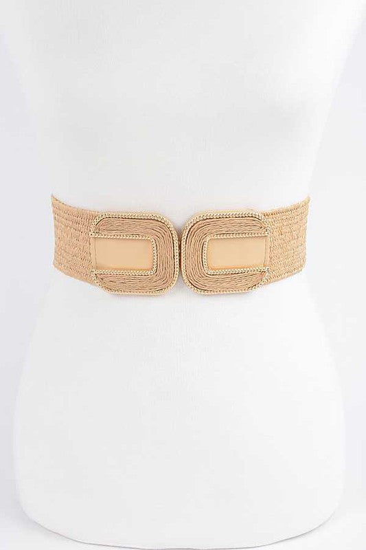 Double Buckle Faux Straw Elastic Belt