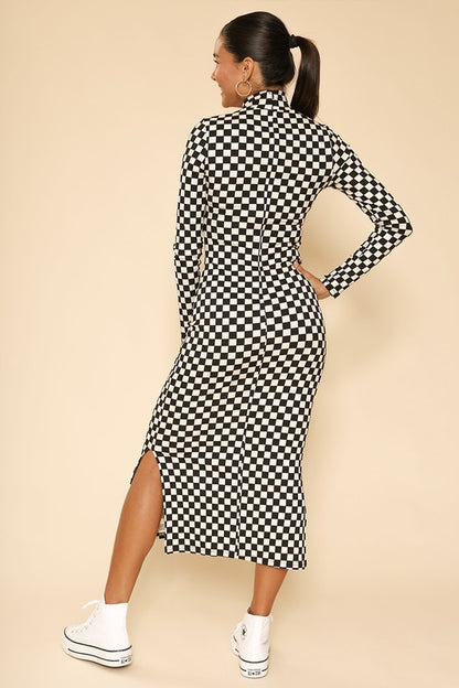 Checkered ribbed mock neck midi dress