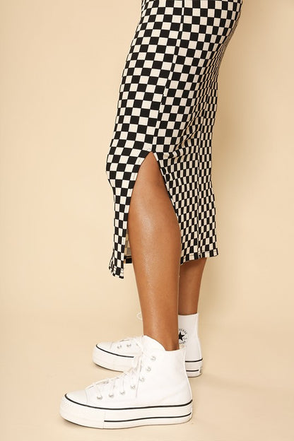 Checkered ribbed mock neck midi dress