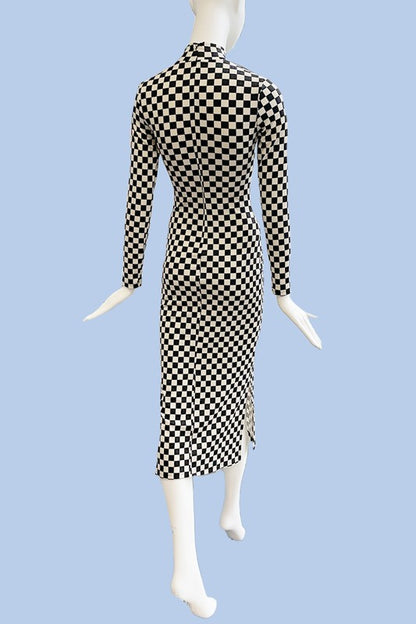 Checkered ribbed mock neck midi dress