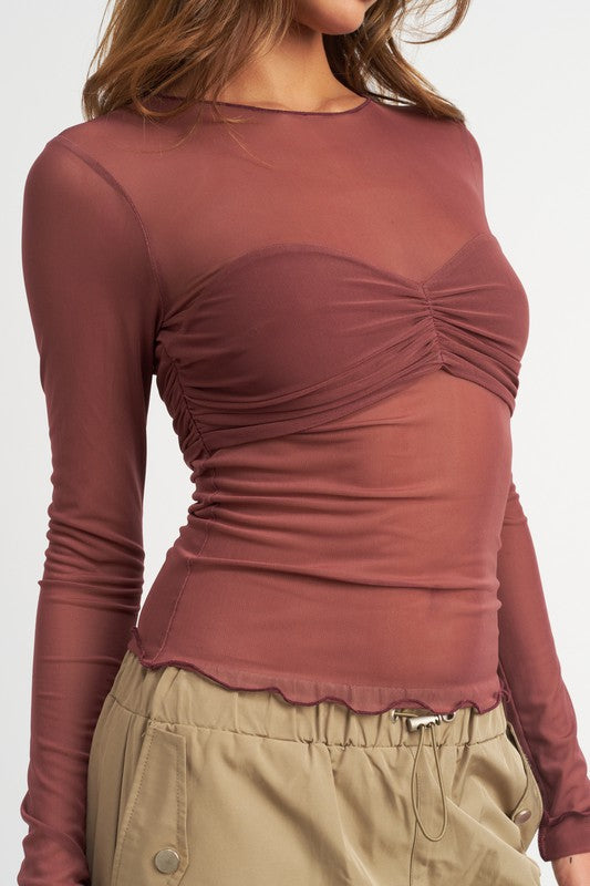 Red Brown Crew Neck Sheer Bust Top
