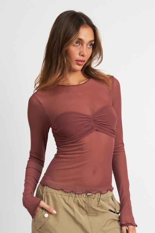 Red Brown Crew Neck Sheer Bust Top