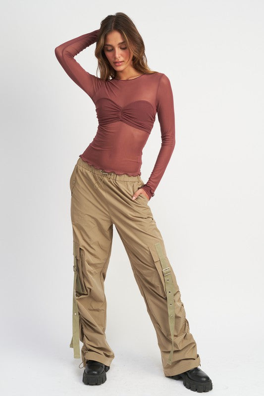 Red Brown Crew Neck Sheer Bust Top