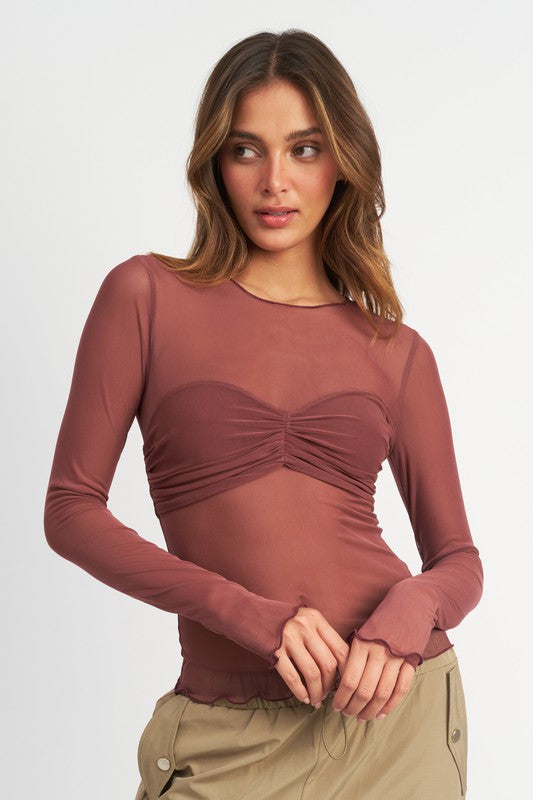 Red Brown Crew Neck Sheer Bust Top