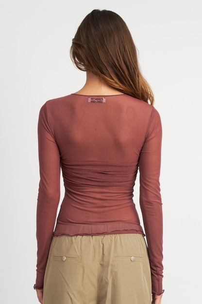 Red Brown Crew Neck Sheer Bust Top