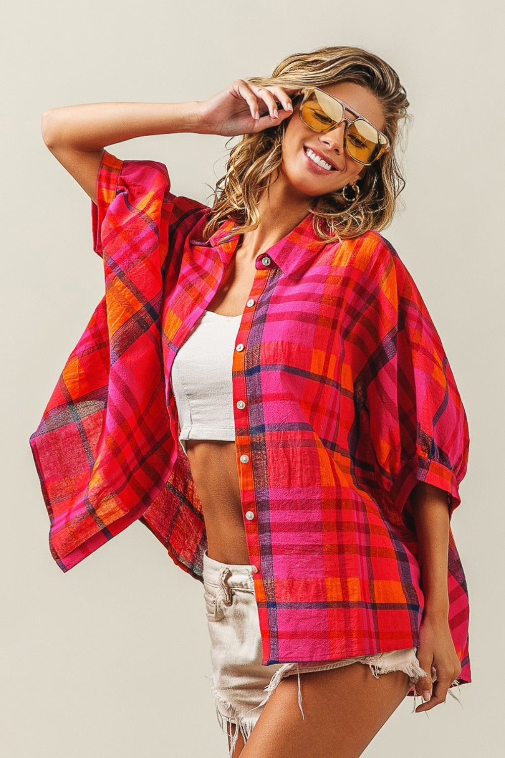 Fuchsia Button Up Dolman Sleeve Plaid Shirt