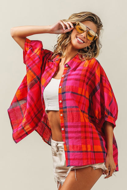 Fuchsia Button Up Dolman Sleeve Plaid Shirt
