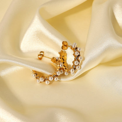 Pearl Rhinestone C-Hoop Earrings