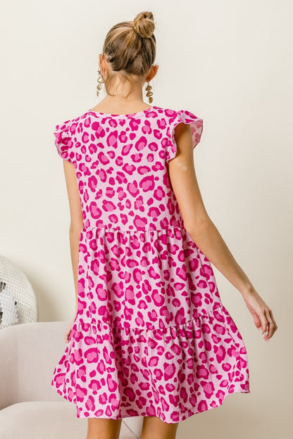 Pink Leopard Cap Sleeve Tiered Mini Dress