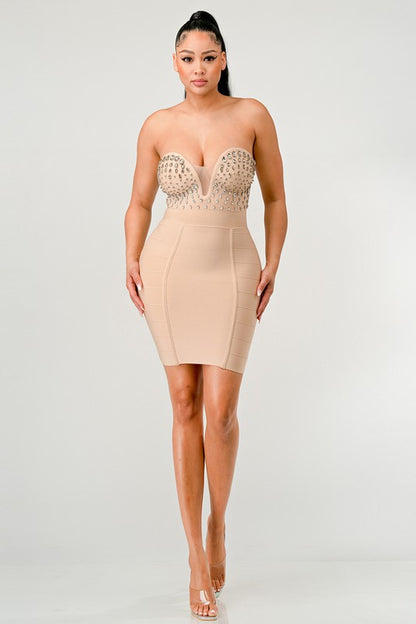 Cream Betting on you casual embellished bandage dress