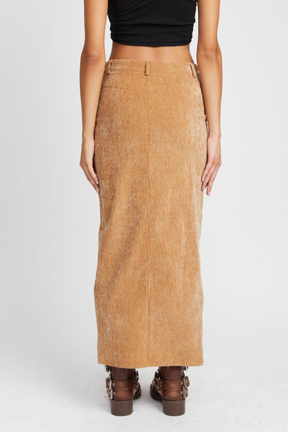 Tan Corduroy Mid Skirt With Front Slit