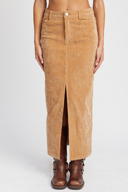 Tan Corduroy Mid Skirt With Front Slit