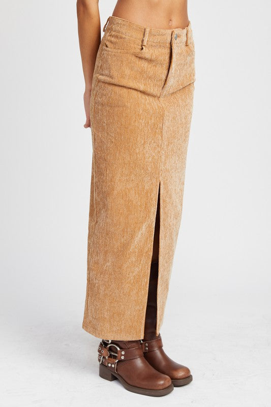 Tan Corduroy Mid Skirt With Front Slit