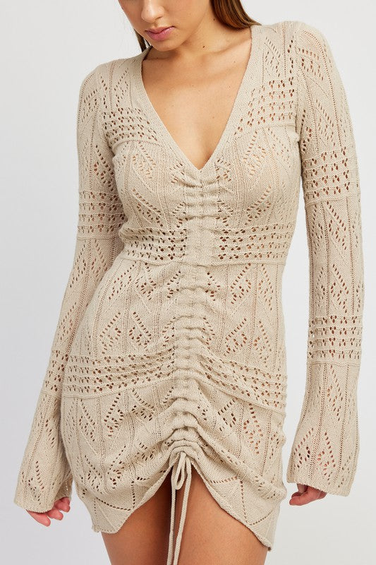 RUCHED CROCHET MINI DRESS