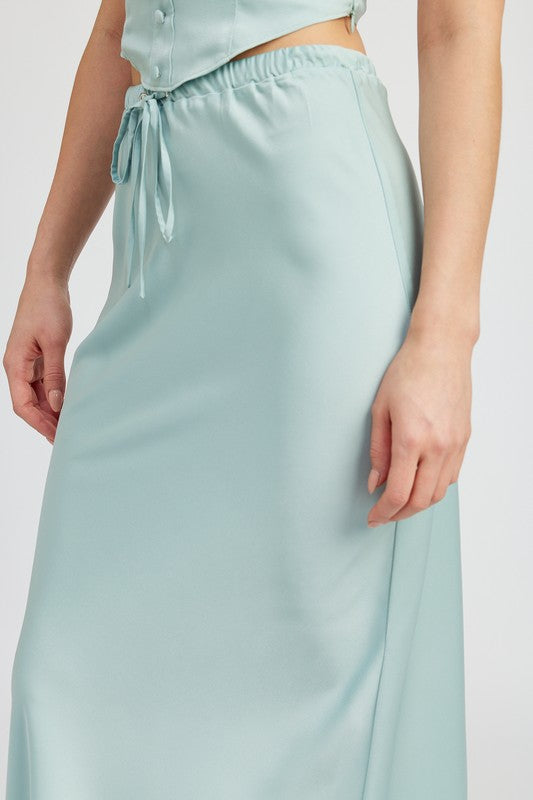 TIE FRONT SATIN MIDI SKIRT