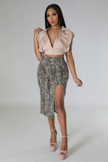 Camouflage Cargo Midi Skirt in Woodland Camo