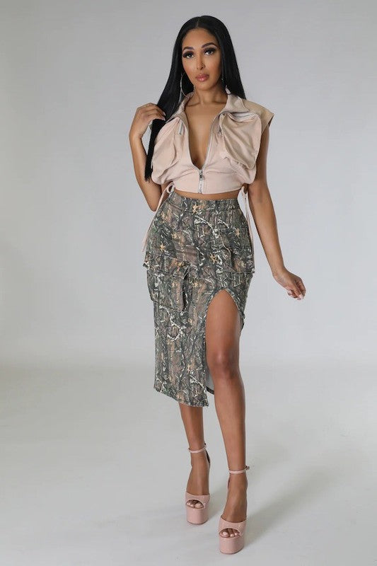 Camouflage Cargo Midi Skirt in Woodland Camo