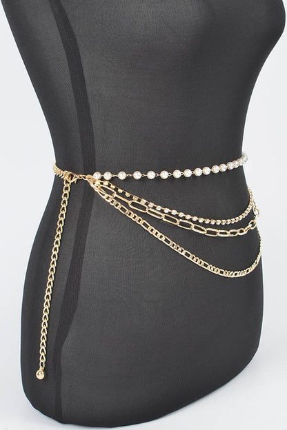 Rhinestone Pearl Station Layered Chain Belt