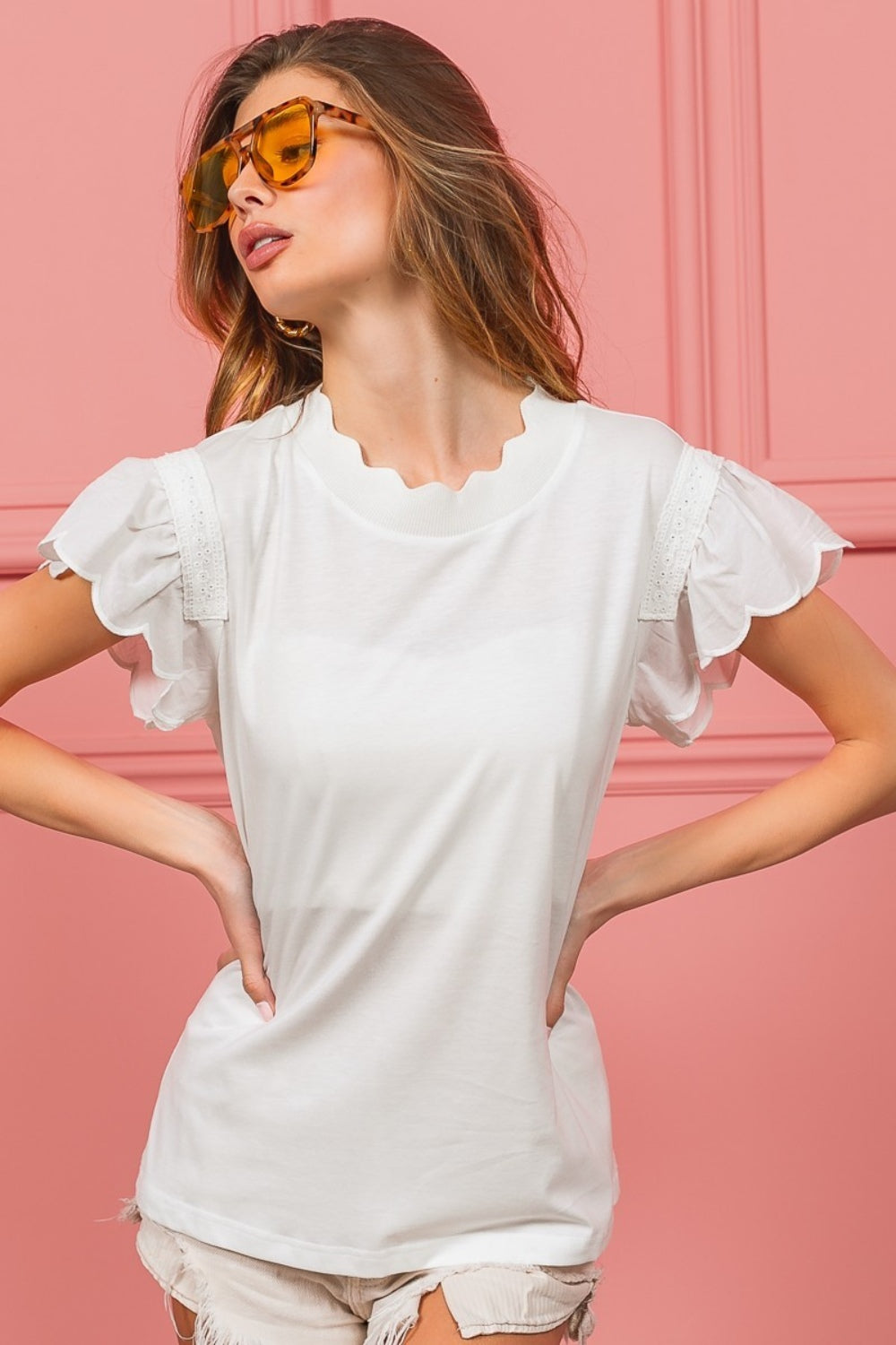 Off White Scallop Edged Lace Trim Top
