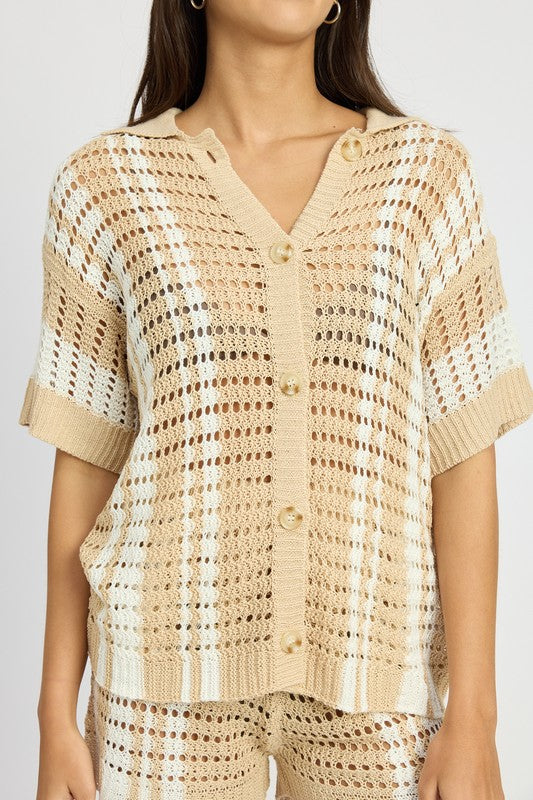Cream BUTTON UP STRIPED CROCHET TOP