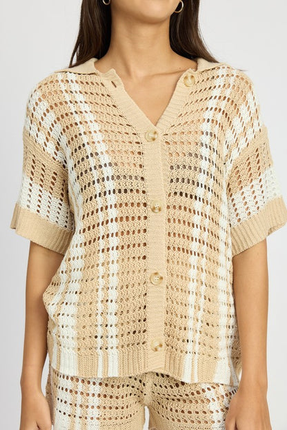Cream BUTTON UP STRIPED CROCHET TOP