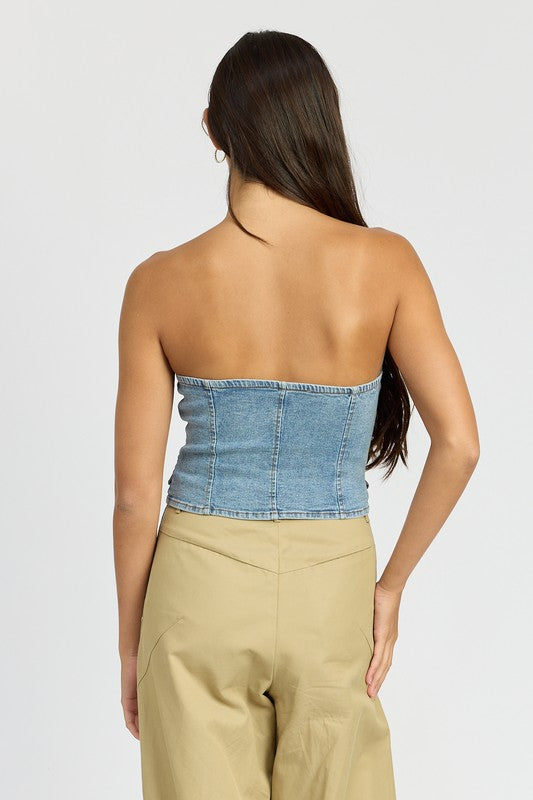 Blue BUTTON FRONT DENIM BUSTIER TOP