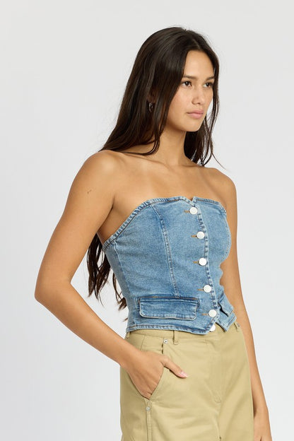 Blue BUTTON FRONT DENIM BUSTIER TOP
