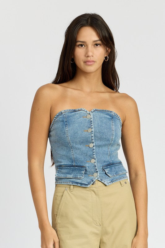 Blue BUTTON FRONT DENIM BUSTIER TOP