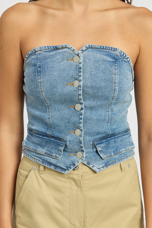 Blue BUTTON FRONT DENIM BUSTIER TOP