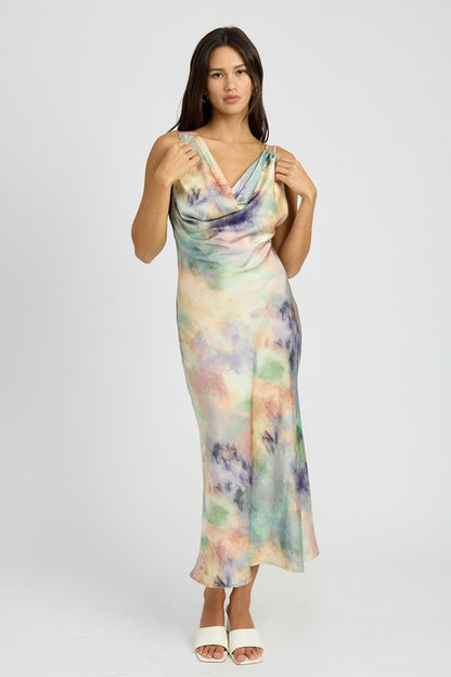 Multi-Peach Cowl Neck Midi Bias Dress