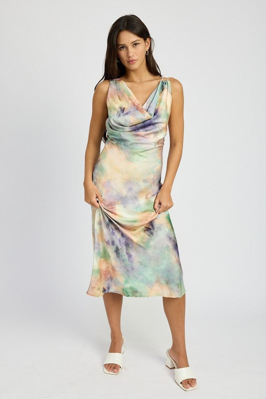 Multi-Peach Cowl Neck Midi Bias Dress