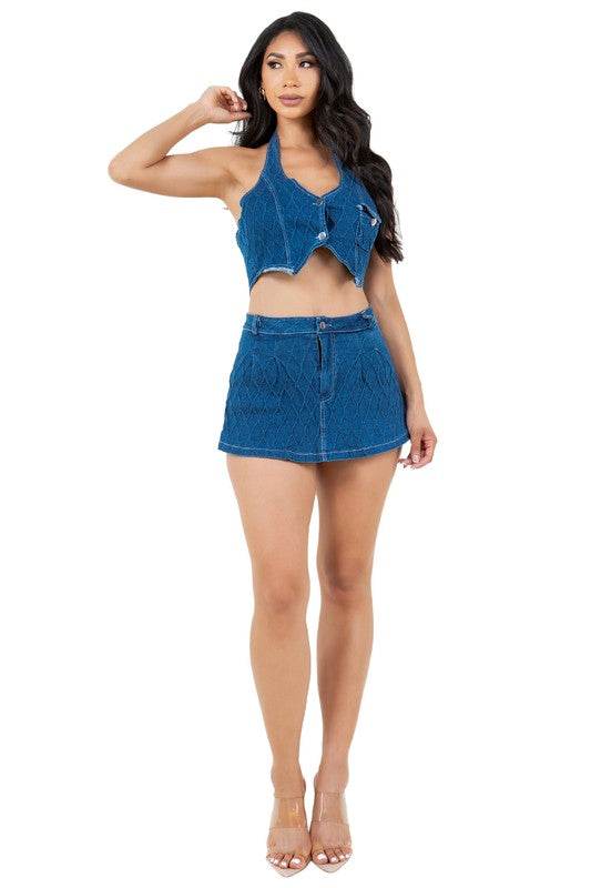 FASHION DENIM TWO PIECE SHORT SET