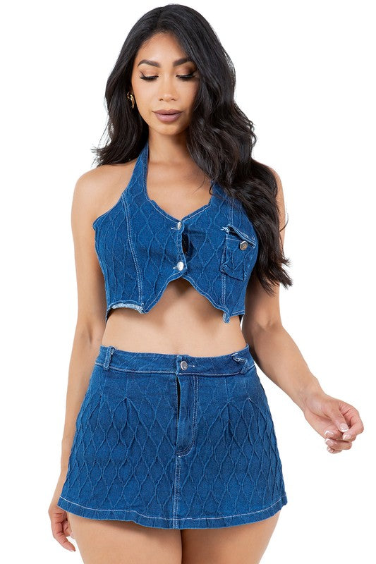 FASHION DENIM TWO PIECE SHORT SET