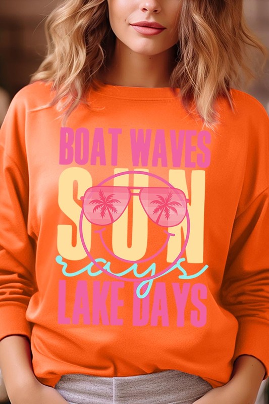 Light Pink Boat Waves Sun Rays Graphic Fleece Sweatshirts