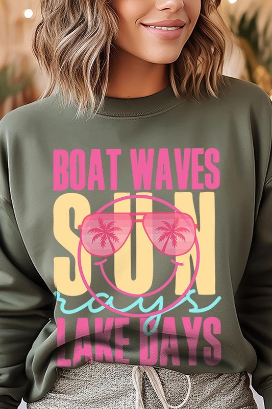 Light Pink Boat Waves Sun Rays Graphic Fleece Sweatshirts