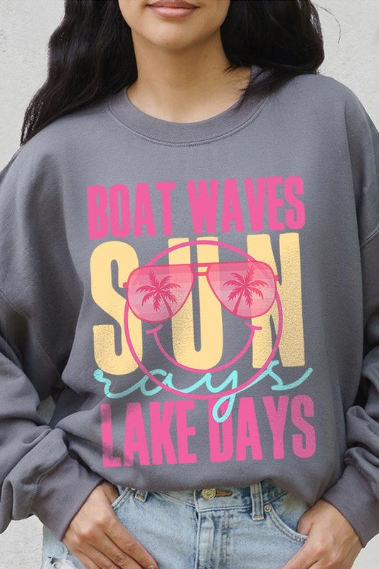 Light Pink Boat Waves Sun Rays Graphic Fleece Sweatshirts