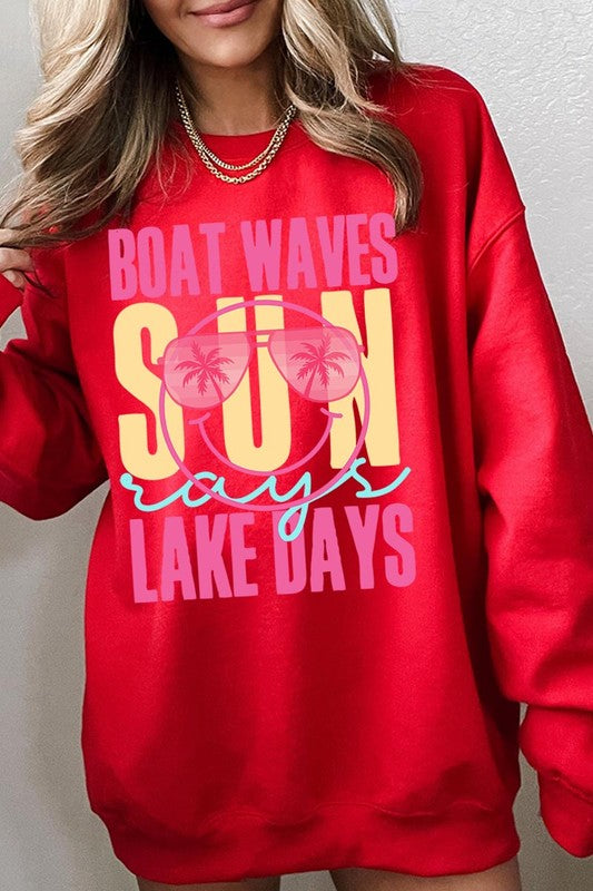 Light Pink Boat Waves Sun Rays Graphic Fleece Sweatshirts