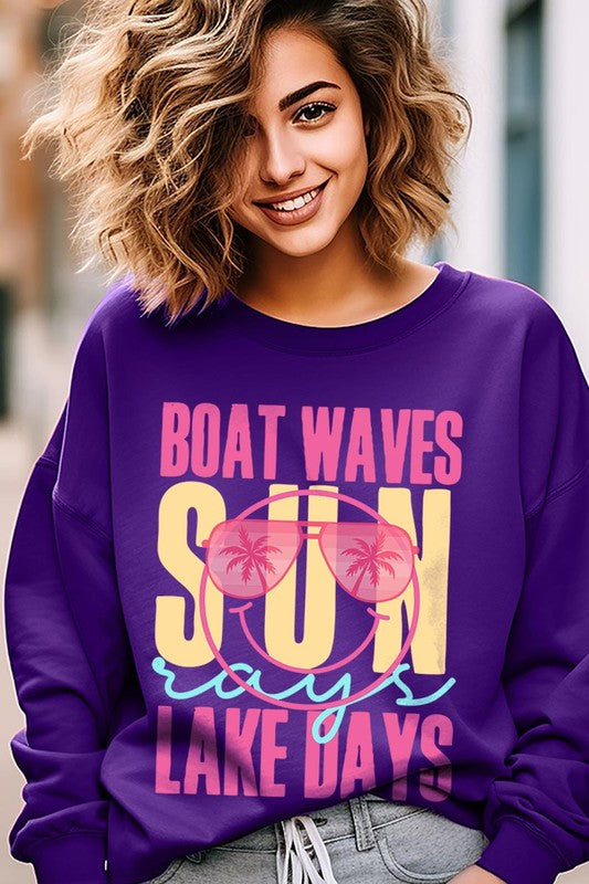 Light Pink Boat Waves Sun Rays Graphic Fleece Sweatshirts
