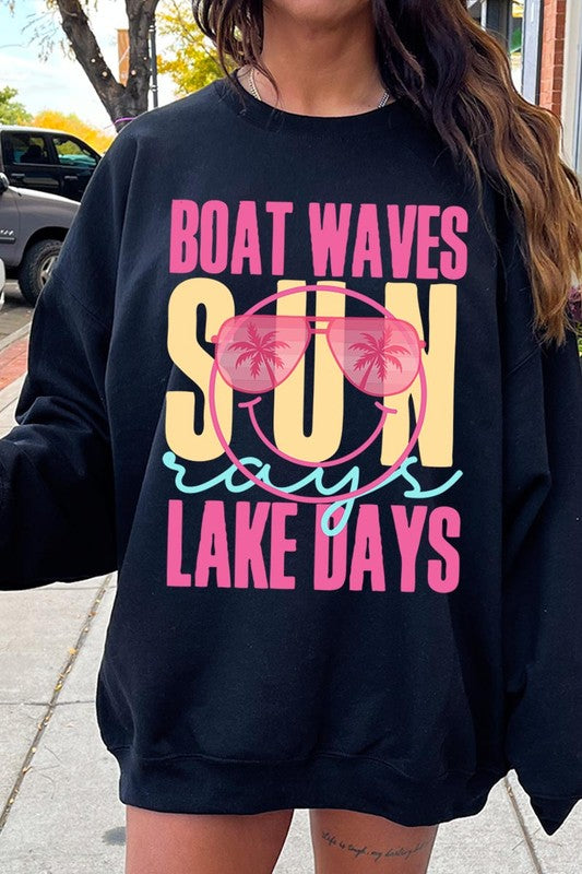 Light Pink Boat Waves Sun Rays Graphic Fleece Sweatshirts