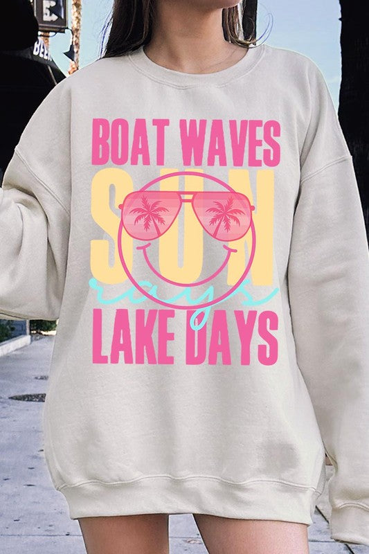 Light Pink Boat Waves Sun Rays Graphic Fleece Sweatshirts