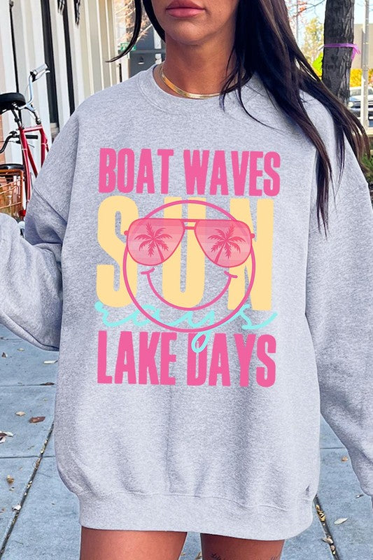 Light Pink Boat Waves Sun Rays Graphic Fleece Sweatshirts