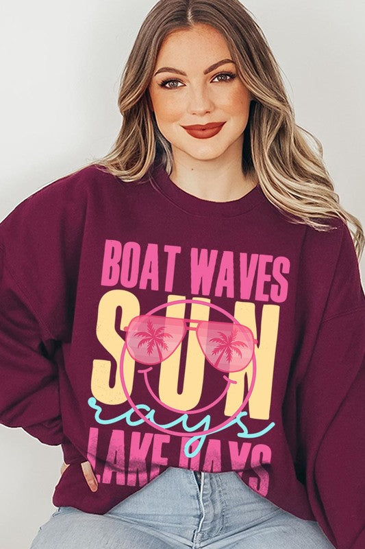 Light Pink Boat Waves Sun Rays Graphic Fleece Sweatshirts