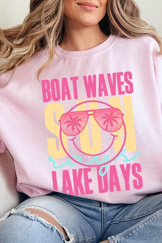 Light Pink Boat Waves Sun Rays Graphic Fleece Sweatshirts