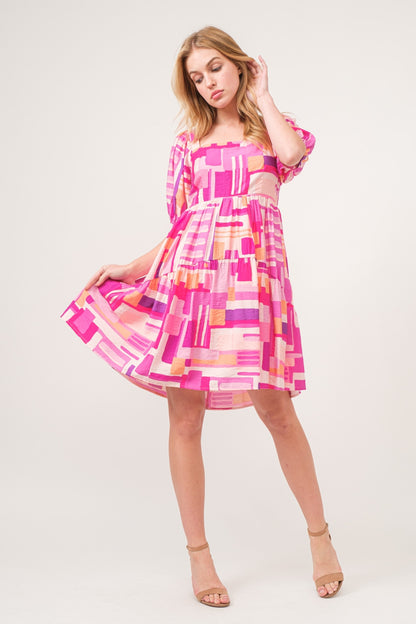 Pink Color Block Puff Sleeve Dress