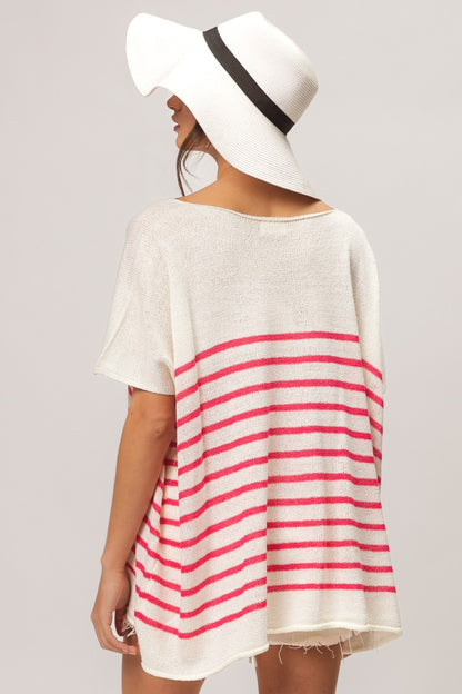 Fuchsia V Neck Striped Short Sleeve Top