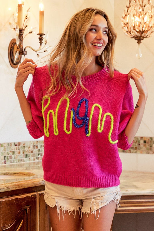 Fuchsia MOM Contrast Round Neck Sweater